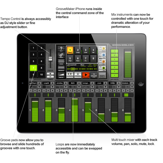 GrooveMaker iPhone runs inside the central command zone of the interface. Multi touch mixerwith each track volume, pan, solo, mute, lock. Loops are now immediately accessible and can be swapped on the fly. Mix instruments can now be controlled with one touch for dramatic alteration of your performance. Tempo Control is always accessibly as DJ style slider or fine adjustment button. Groove pads now allow you to browse and slide hundreds of grooves with one touch.