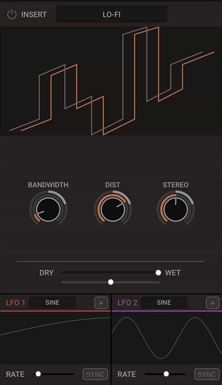 Lo-Fi - Isto permite a você um som menos puro e vibrante reduzindo a largura de banda do som, adicionado distorção e estreitando a imagem estéreo.