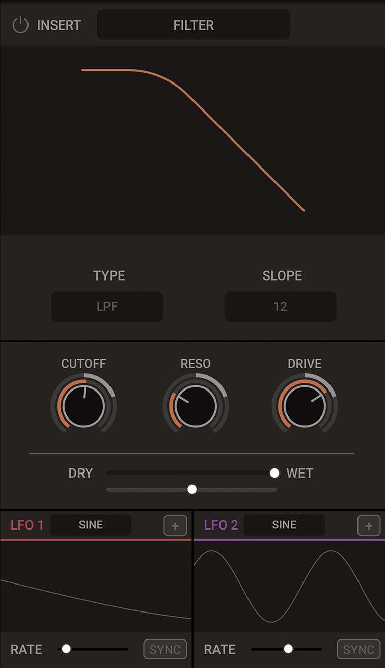 Filter - A classic synthesizer filter with selectable slopes and modes that lets you filter down low frequencies, high frequencies or both low and high frequencies around the selected band.