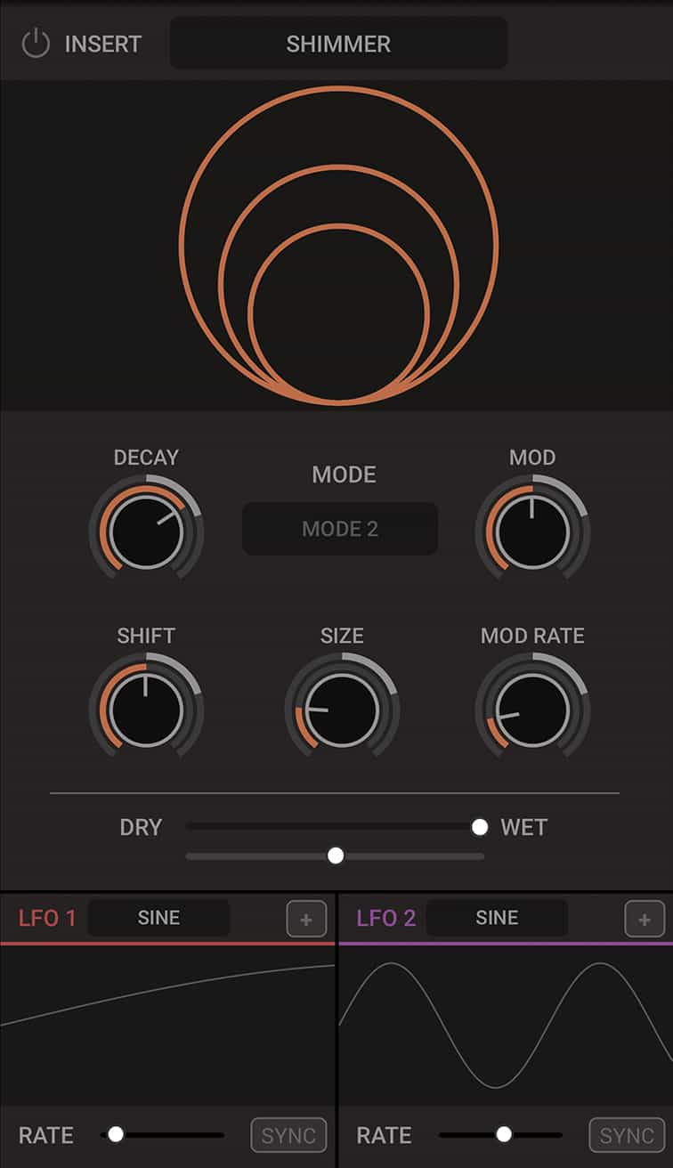 Shimmer - A reverb effect combined with a pitch shifter that transposes the sound by as much as an octave either up or down. The pitch can also be modulated by an internal LFO.