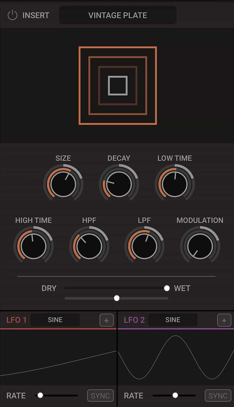 Vintage Plate - Modeled after a hardware reverb unit to create the effect of spaces generated by a mechanical plate with additional controls for modulation (chorusing) of the reverb, an input high-pass filter to roll off low frequencies and an output low-pass filter to roll off high frequencies.