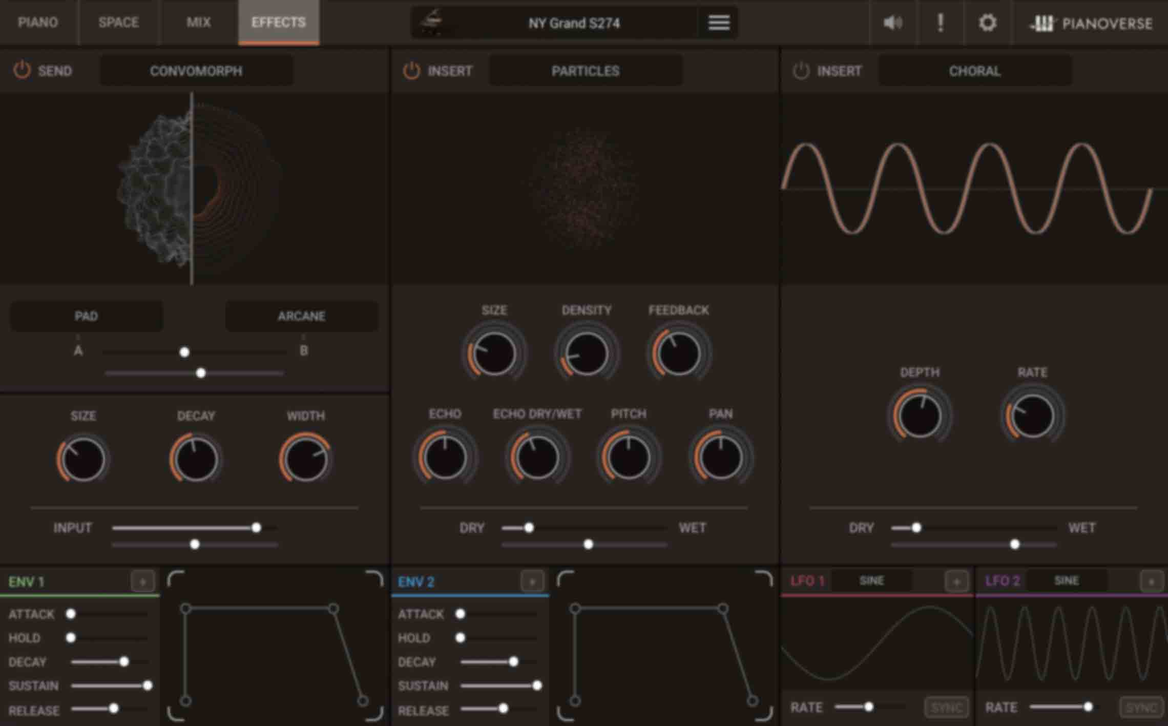 EFFECTS 画面 - 3系統のエフェクト（全12種）を表示